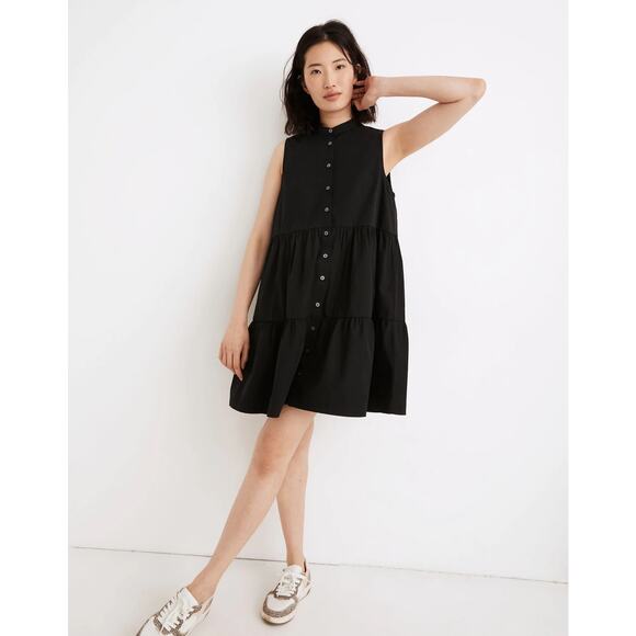 Madewell Black Gray Sleeveless Tiered Button Down Mini A-Line Shirt Dress Sz XS - Picture 1 of 9
